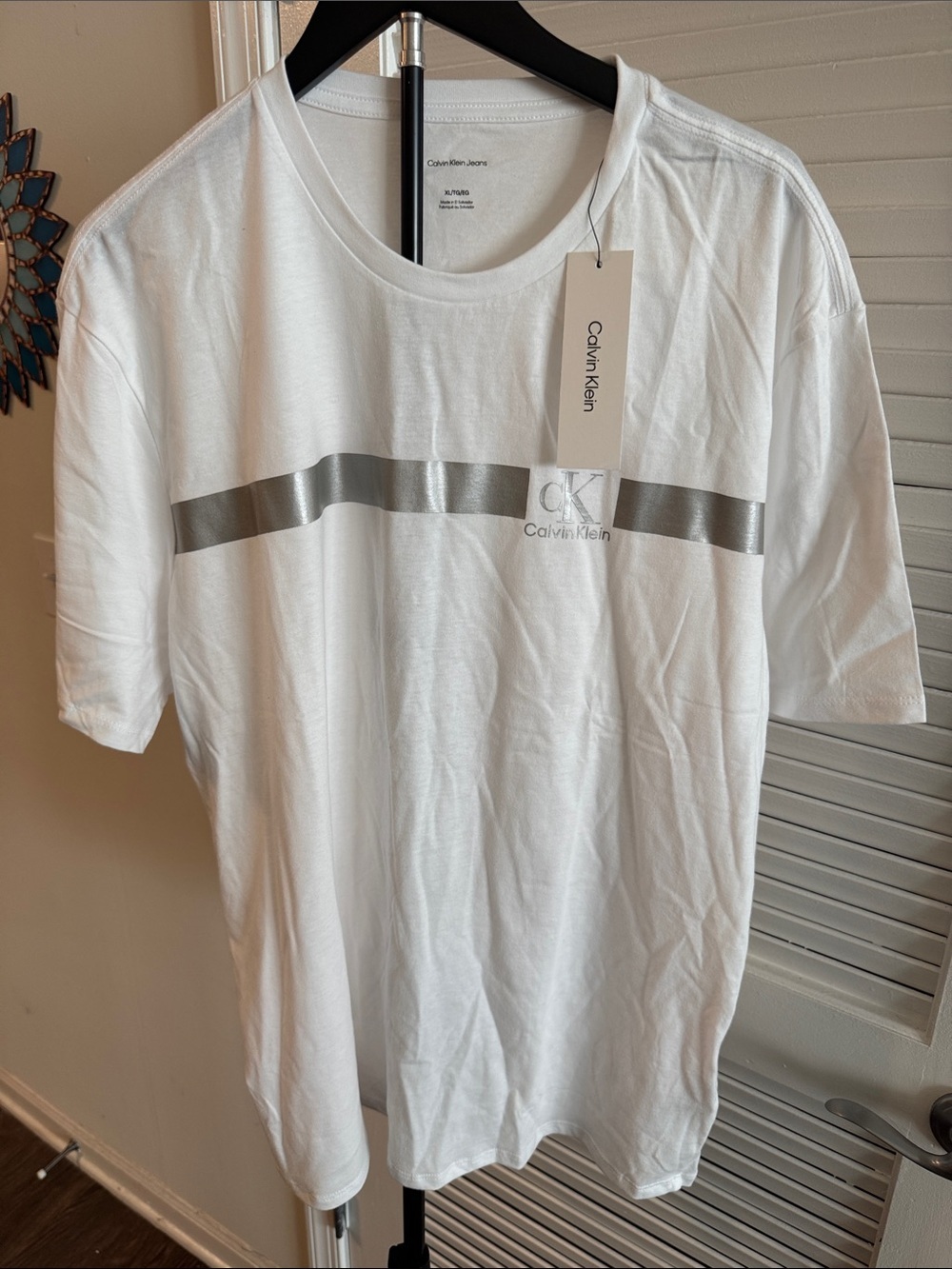 Calvin Klein White Short-Sleeve Tee with Silver Stripe